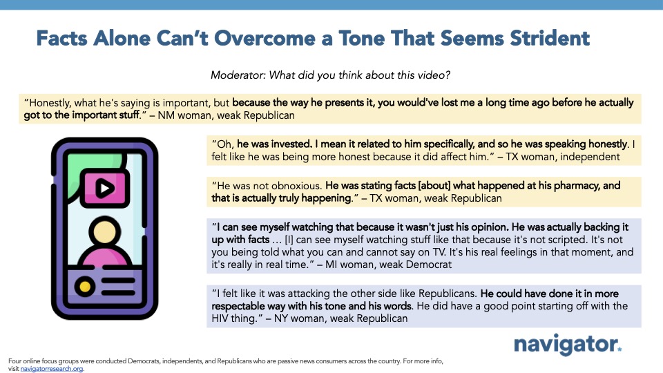 20250625 Facts Alone Cant Overcome Quote graphic from Navigator Research. Title: Facts Alone Can’t Overcome a Tone That Seems Strident