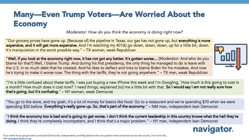 20250625 Many Even Trump Voters Quote graphic from Navigator Research. Title: Many—Even Trump Voters—Are Worried About the Economy