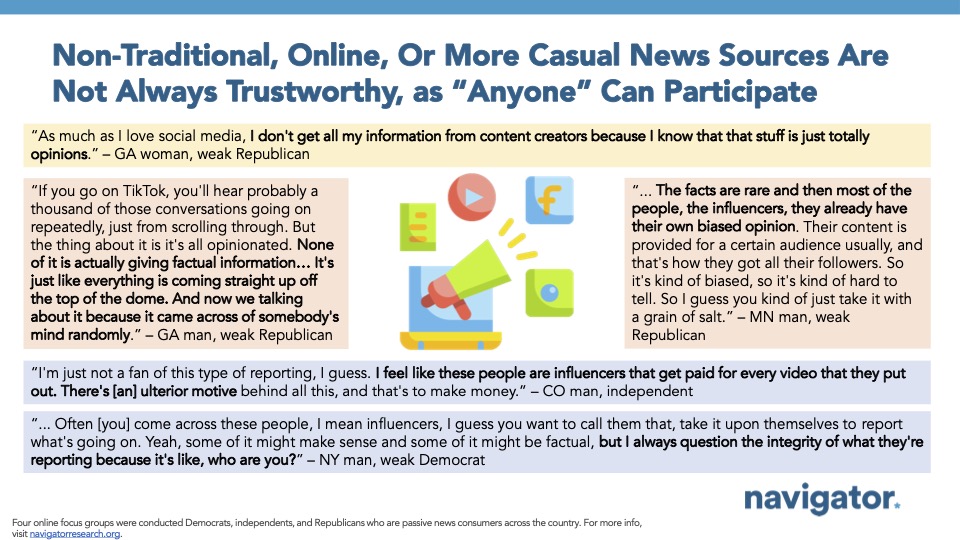 20250625 Nontraditional Online Or More Casual Quote graphic from Navigator Research. Title: Non-Traditional, Online, Or More Casual News Sources Are Not Always Trustworthy, as “Anyone” Can Participate