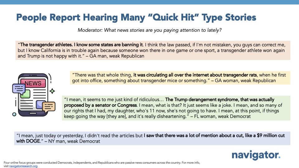 20250625 People Report Hearing Many Quote graphic from Navigator Research. Title: People Report Hearing Many “Quick Hit” Type Stories