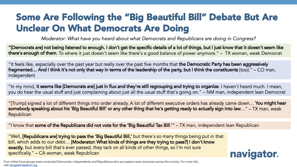 20250625 Some Are Following the Big Quote graphic from Navigator Research. Title: Some Are Following the “Big Beautiful Bill” Debate But Are Unclear On What Democrats Are Doing