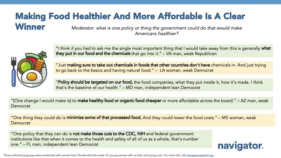 20251009 Making Food Healthier And More Affordable Is A Clear Winner Focus group quotes from Navigator Research. Title: Making Food Healthier And More Affordable Is A Clear Winner