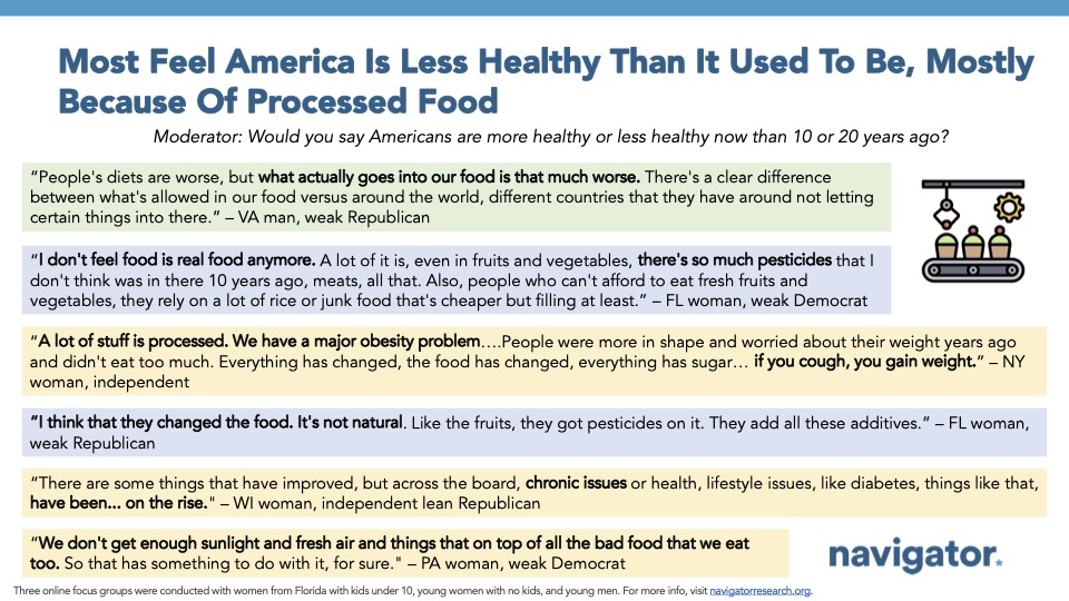 20251009 Most Feel America Is Less Healthy Than It Used To Be, Mostly Because Of Processed Food Focus group quotes from Navigator Research. Title: Most Feel America Is Less Healthy Than It Used To Be, Mostly Because Of Processed Food