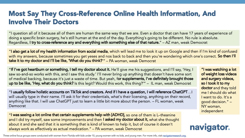 20251009 Most Say They Cross-Reference Online Health Information, And Involve Their Doctors Focus group quotes from Navigator Research. Title: Most Say They Cross-Reference Online Health Information, And Involve Their Doctors