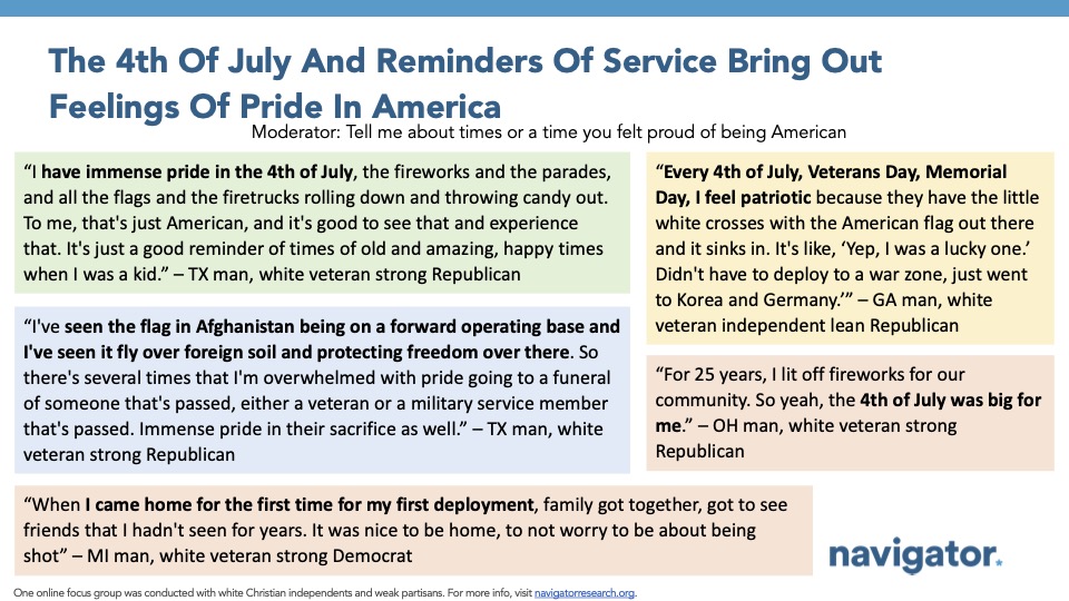 Chart from Navigator Research titled “The 4th of July and Reminders of Service Bring Out Feelings of Pride in America”